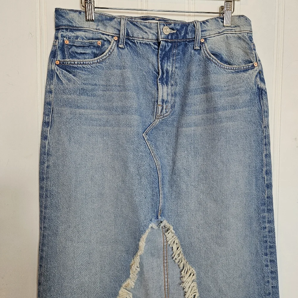 MOTHER Maxi Denim Skirt Womens Sz 29 Blue Denim Ditcher Maxi Fray Slit Rodeo - Picture 4 of 16
